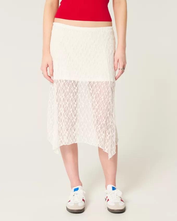 Asymmetrical Hem Lace Midi Skirt,Asymmetrical Hem Lace Midi Skirt