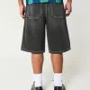 Below-the-Knee Washed Black Super Baggy Denim Shorts,Below-the-Knee Washed Black Super Baggy Denim Shorts