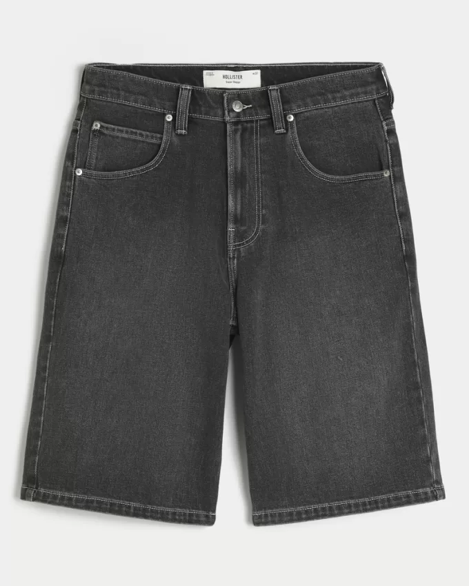 Below-the-Knee Washed Black Super Baggy Denim Shorts,Below-the-Knee Washed Black Super Baggy Denim Shorts