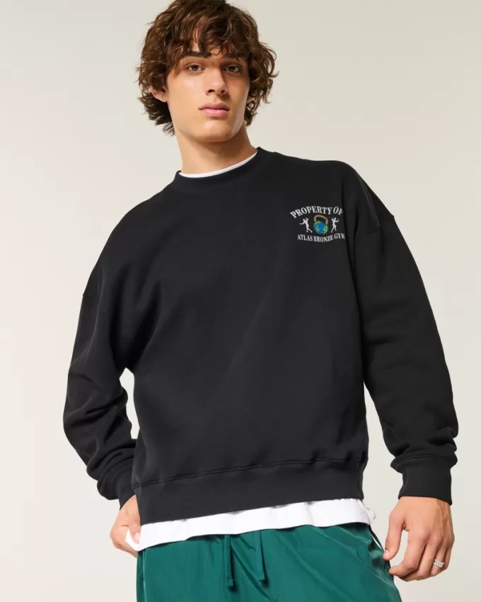 Boxy Atlas Bronze Gym Graphic Crew Sweatshirt,Boxy Atlas Bronze Gym Graphic Crew Sweatshirt