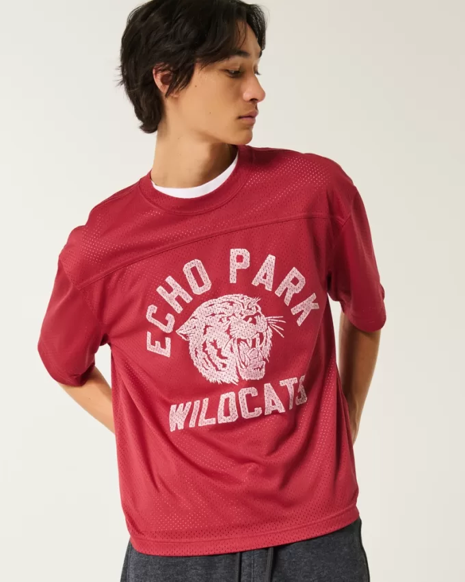 Boxy Crop Mesh Echo Park Graphic Football Jersey,Boxy Crop Mesh Echo Park Graphic Football Jersey