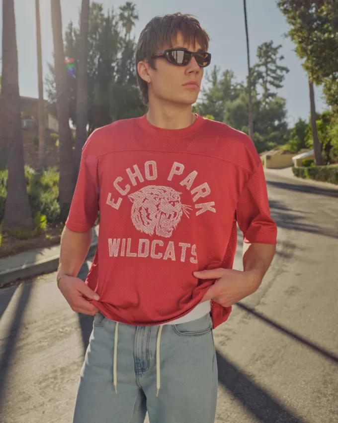 Boxy Crop Mesh Echo Park Graphic Football Jersey,Boxy Crop Mesh Echo Park Graphic Football Jersey