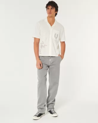 Boxy Cropped Embroidered Graphic Workwear Shirt,Boxy Cropped Embroidered Graphic Workwear Shirt