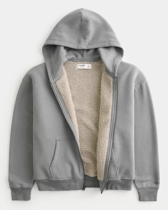 Boxy Faux Shearling-Lined Zip-Up Hoodie,Boxy Faux Shearling-Lined Zip-Up Hoodie
