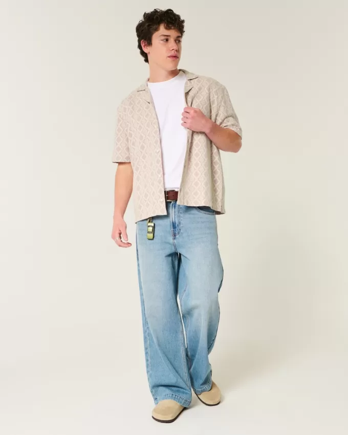 Boxy Short-Sleeve Crochet-Style Shirt,Boxy Short-Sleeve Crochet-Style Shirt