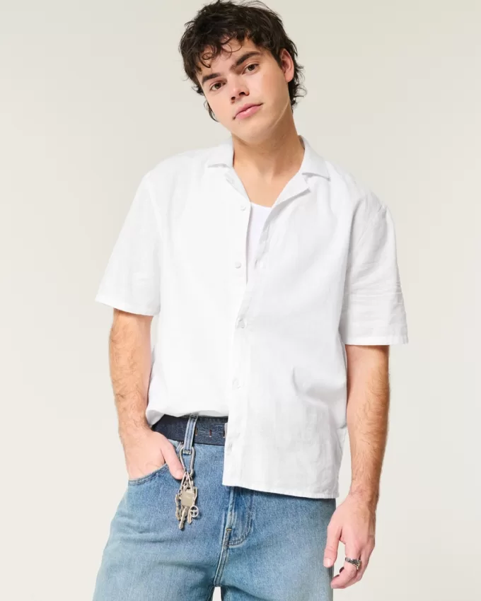 Boxy Short-Sleeve Linen-Blend Shirt,Boxy Short-Sleeve Linen-Blend Shirt