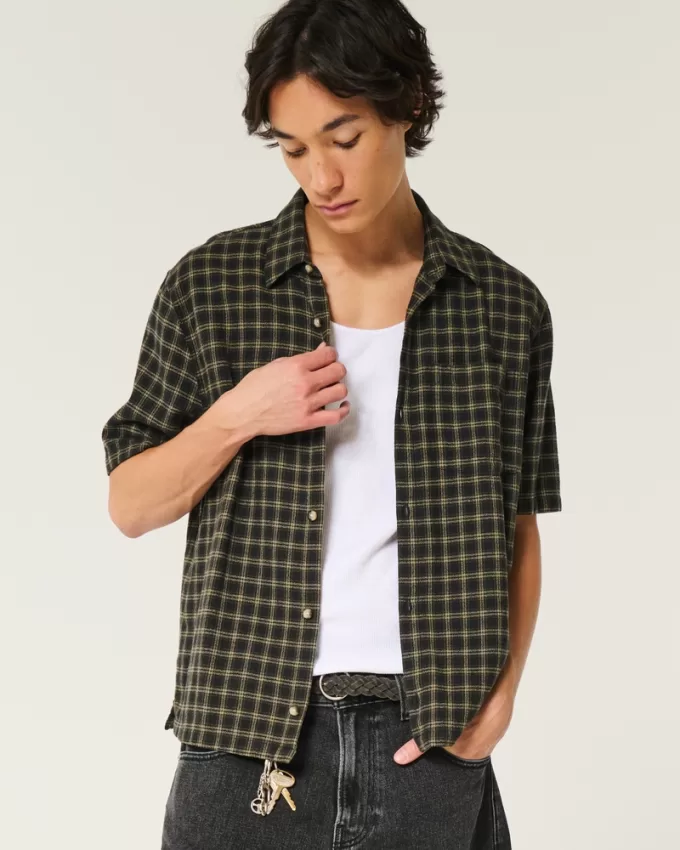 Boxy Short-Sleeve Plaid Shirt,Boxy Short-Sleeve Plaid Shirt