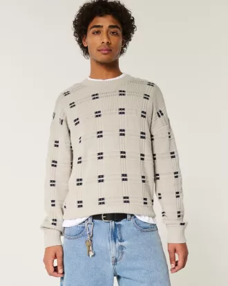 Boxy Windowpane Stitch Crew Sweater,Boxy Windowpane Stitch Crew Sweater