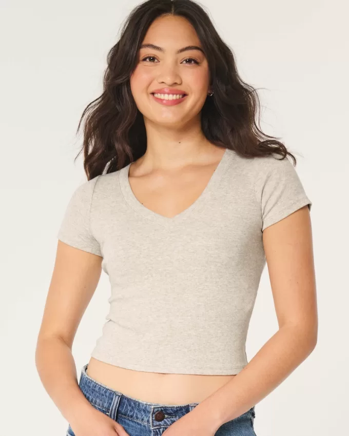 Cotton Blend V-Neck Baby Tee,Cotton Blend V-Neck Baby Tee