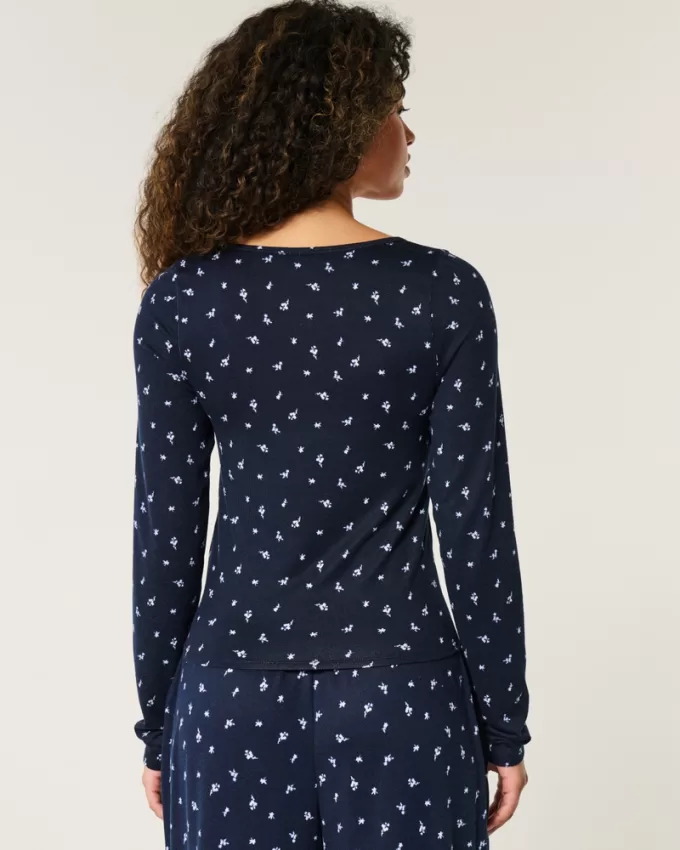 Cozy Floral Pattern Pajama Top,Cozy Floral Pattern Pajama Top