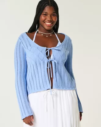 Crochet-Style Tie-Front Textured Sweater,Crochet-Style Tie-Front Textured Sweater