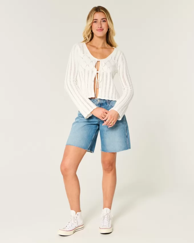 Crochet-Style Tie-Front Textured Sweater,Crochet-Style Tie-Front Textured Sweater