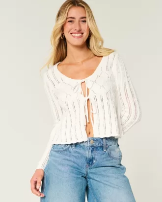 Crochet-Style Tie-Front Textured Sweater,Crochet-Style Tie-Front Textured Sweater