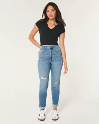 Curvy Ultra High-Rise Ripped Medium Wash Mom Jeans,Curvy Ultra High-Rise Ripped Medium Wash Mom Jeans
