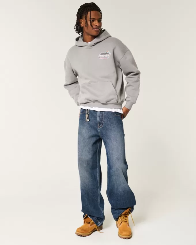 Dark Wash Logo Embroidery Super Baggy Jeans,Dark Wash Logo Embroidery Super Baggy Jeans