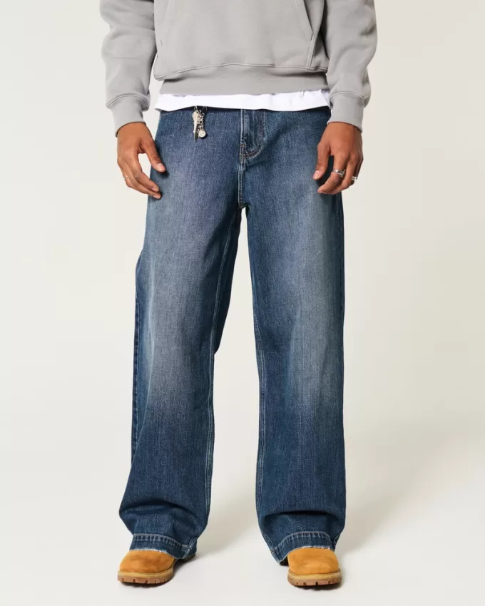 Dark Wash Logo Embroidery Super Baggy Jeans,Dark Wash Logo Embroidery Super Baggy Jeans