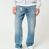 Distressed Medium Wash Straight Jeans,Distressed Medium Wash Straight Jeans