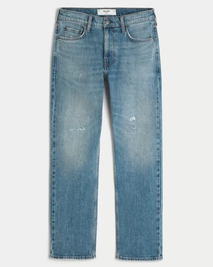 Distressed Medium Wash Straight Jeans,Distressed Medium Wash Straight Jeans