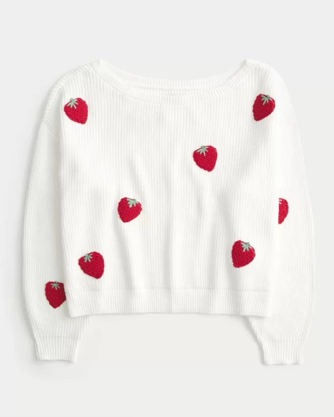 Easy Berry Graphic Off-the-Shoulder Sweater,Easy Berry Graphic Off-the-Shoulder Sweater
