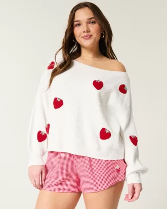 Easy Berry Graphic Off-the-Shoulder Sweater,Easy Berry Graphic Off-the-Shoulder Sweater