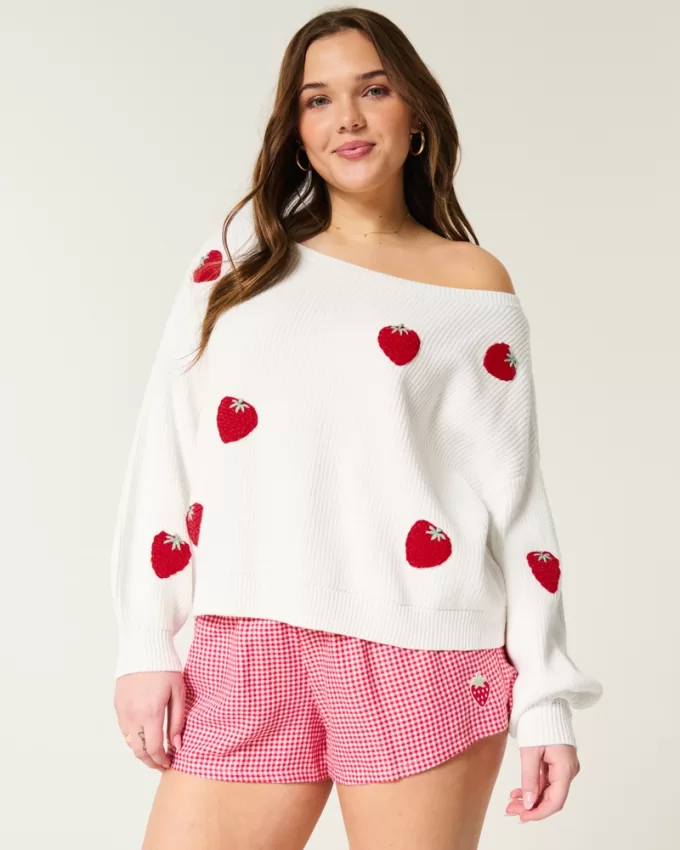 Easy Berry Graphic Off-the-Shoulder Sweater,Easy Berry Graphic Off-the-Shoulder Sweater