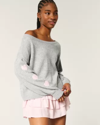 Easy Heart Graphic Off-the-Shoulder Sweater,Easy Heart Graphic Off-the-Shoulder Sweater