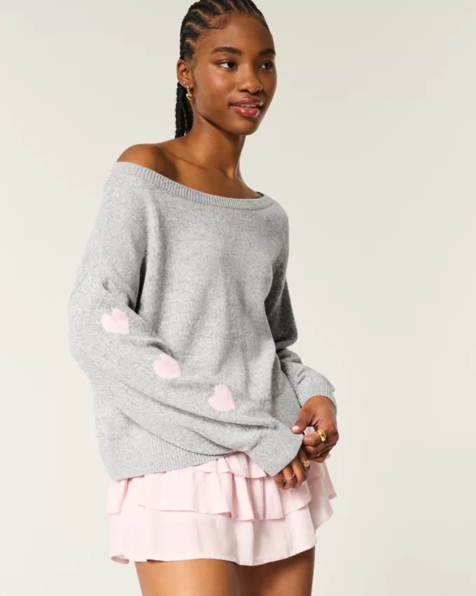 Easy Heart Graphic Off-the-Shoulder Sweater,Easy Heart Graphic Off-the-Shoulder Sweater
