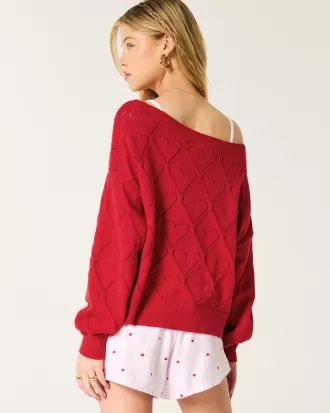 Easy Heart Pattern Off-the-Shoulder Sweater,Easy Heart Pattern Off-the-Shoulder Sweater