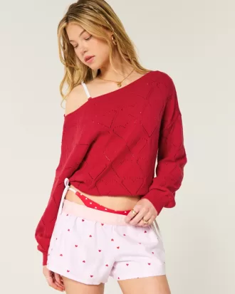 Easy Heart Pattern Off-the-Shoulder Sweater,Easy Heart Pattern Off-the-Shoulder Sweater