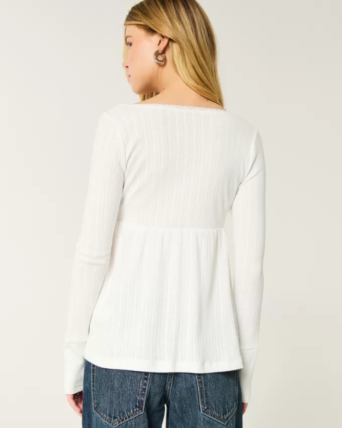 Easy Long-Sleeve Pointelle Babydoll Top,Easy Long-Sleeve Pointelle Babydoll Top