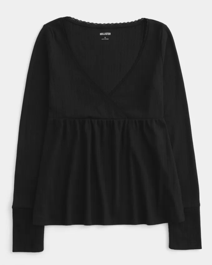 Easy Long-Sleeve Pointelle Babydoll Top,Easy Long-Sleeve Pointelle Babydoll Top