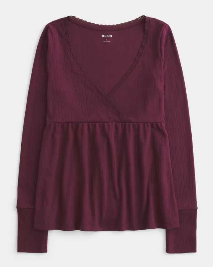 Easy Long-Sleeve Pointelle Babydoll Top,Easy Long-Sleeve Pointelle Babydoll Top