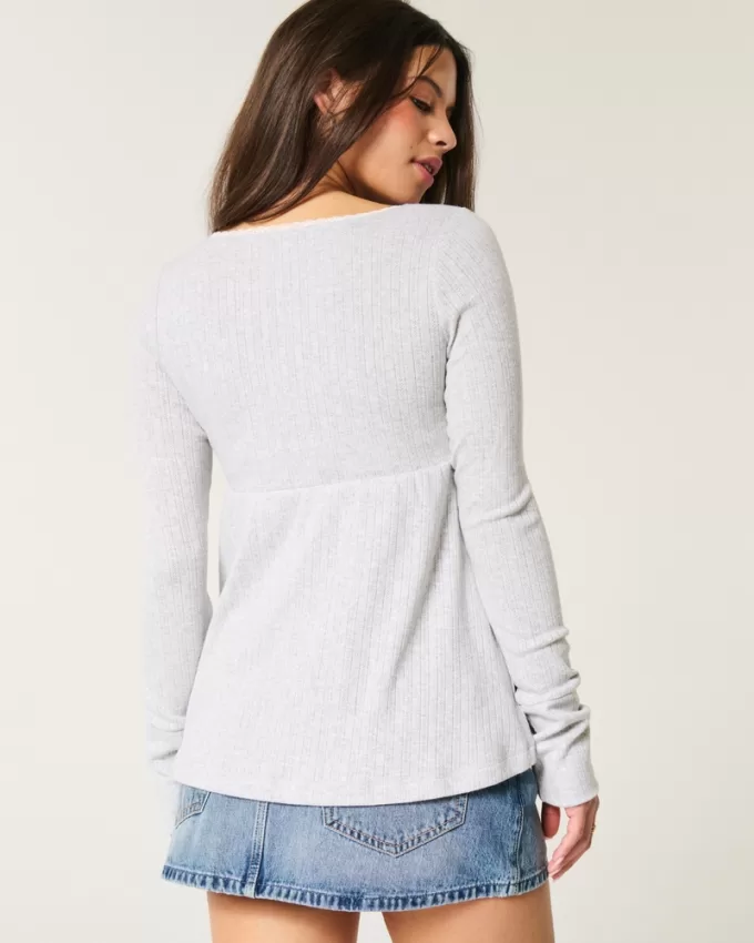 Easy Long-Sleeve Pointelle Babydoll Top,Easy Long-Sleeve Pointelle Babydoll Top