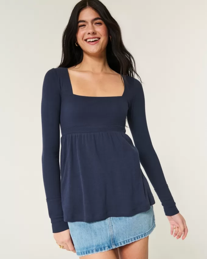 Easy Long-Sleeve Square-Neck Babydoll Top,Easy Long-Sleeve Square-Neck Babydoll Top