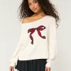 Easy Off-the-Shoulder Bow Graphic Sweater,Easy Off-the-Shoulder Bow Graphic Sweater