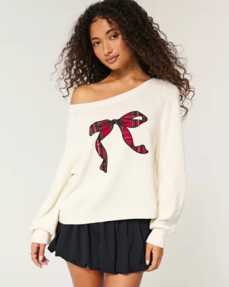 Easy Off-the-Shoulder Bow Graphic Sweater,Easy Off-the-Shoulder Bow Graphic Sweater