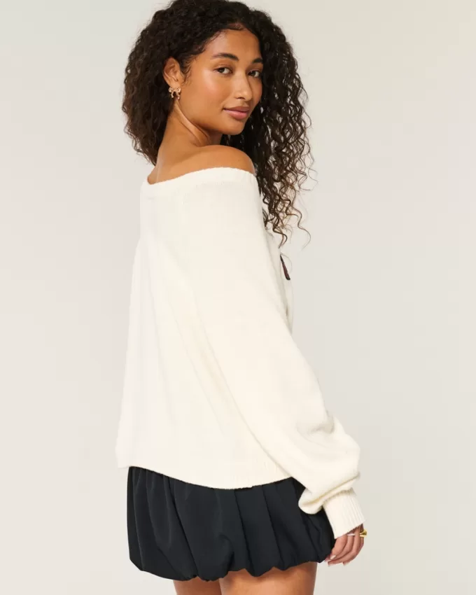 Easy Off-the-Shoulder Bow Graphic Sweater,Easy Off-the-Shoulder Bow Graphic Sweater