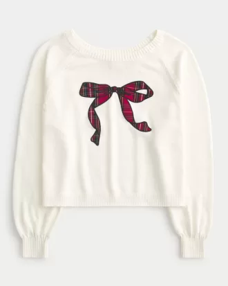 Easy Off-the-Shoulder Bow Graphic Sweater,Easy Off-the-Shoulder Bow Graphic Sweater