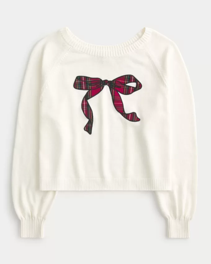 Easy Off-the-Shoulder Bow Graphic Sweater,Easy Off-the-Shoulder Bow Graphic Sweater