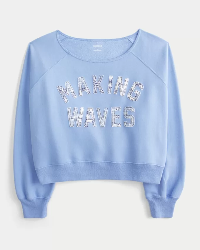 Easy Off-the-Shoulder Making Waves Graphic Crew Sweatshirt,Easy Off-the-Shoulder Making Waves Graphic Crew Sweatshirt