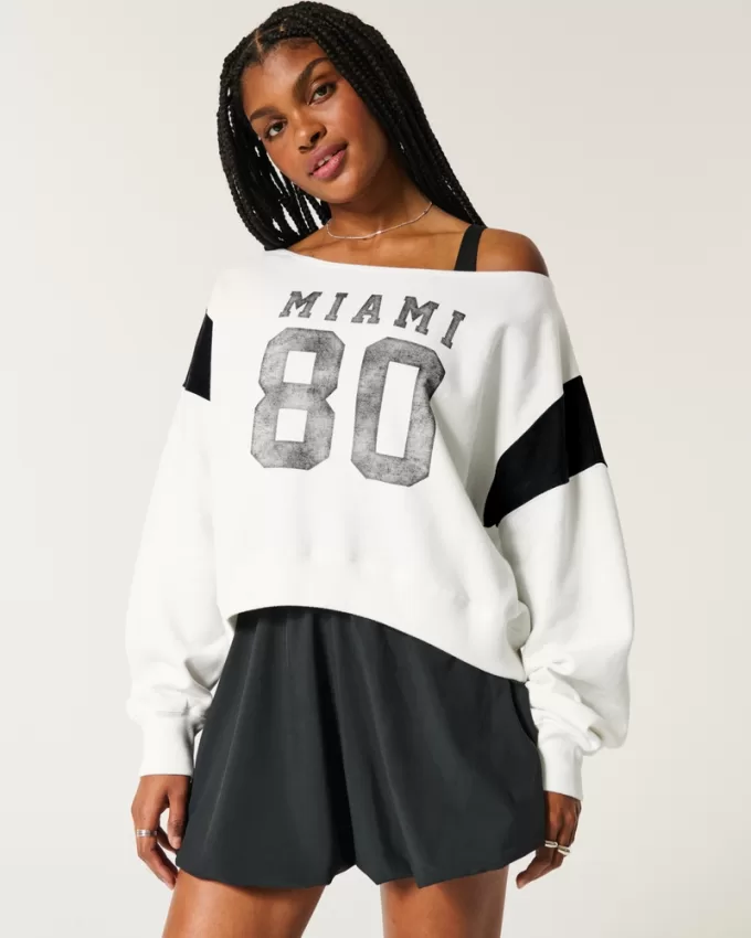 Easy Off-the-Shoulder Miami Graphic Sweatshirt,Easy Off-the-Shoulder Miami Graphic Sweatshirt
