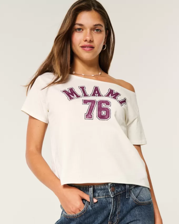 Easy Off-the-Shoulder Miami Graphic Tee,Easy Off-the-Shoulder Miami Graphic Tee