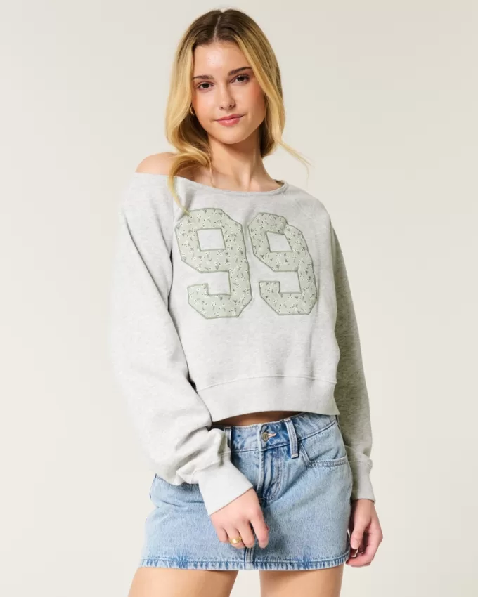 Easy Off-the-Shoulder Number Graphic Crew Sweatshirt,Easy Off-the-Shoulder Number Graphic Crew Sweatshirt