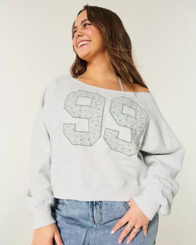Easy Off-the-Shoulder Number Graphic Crew Sweatshirt,Easy Off-the-Shoulder Number Graphic Crew Sweatshirt