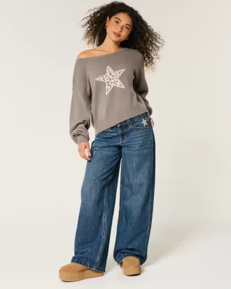 Easy Off-the-Shoulder Star Graphic Sweater,Easy Off-the-Shoulder Star Graphic Sweater