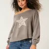 Easy Off-the-Shoulder Star Graphic Sweater,Easy Off-the-Shoulder Star Graphic Sweater