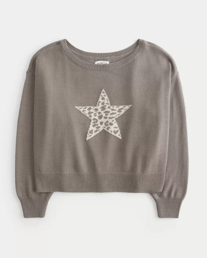 Easy Off-the-Shoulder Star Graphic Sweater,Easy Off-the-Shoulder Star Graphic Sweater