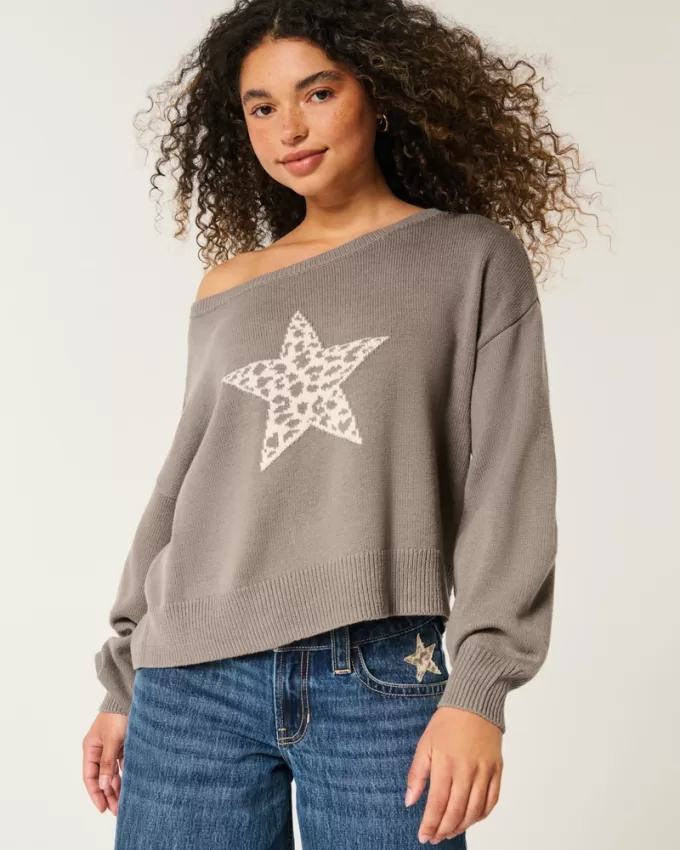 Easy Off-the-Shoulder Star Graphic Sweater,Easy Off-the-Shoulder Star Graphic Sweater