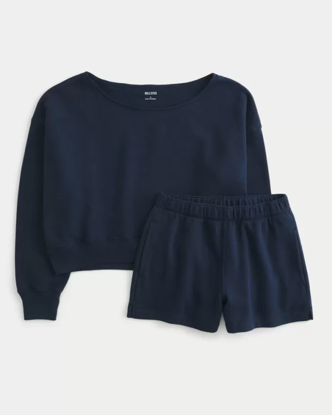 Easy Off-the-Shoulder Sweatshirt & Fleece Shorts Set,Easy Off-the-Shoulder Sweatshirt & Fleece Shorts Set