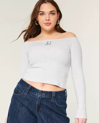 Easy Teddy Bear Graphic Off-the-Shoulder Top,Easy Teddy Bear Graphic Off-the-Shoulder Top